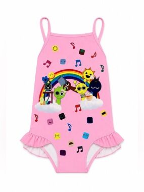 Sprunki Pink Rainbow Character Ruffle One Piece Swimsuit Girls US 9-10